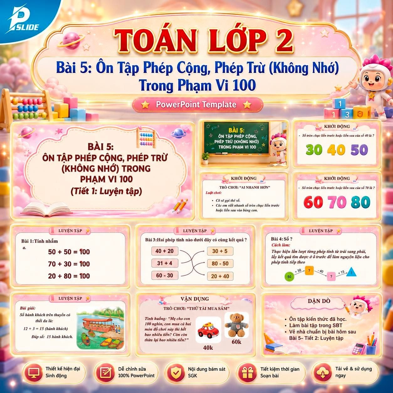 Giáo án Toán lớp 2 - Bài 5: Ôn Tập Phép Cộng, Phép Trừ (Không Nhớ) Trong Phạm Vi 100