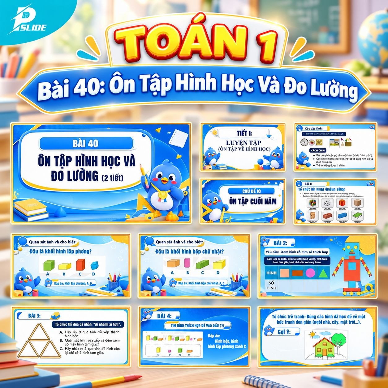 Giáo án Toán lớp 1 - Bài 40: Ôn Tập Hình Học Và Đo Lường